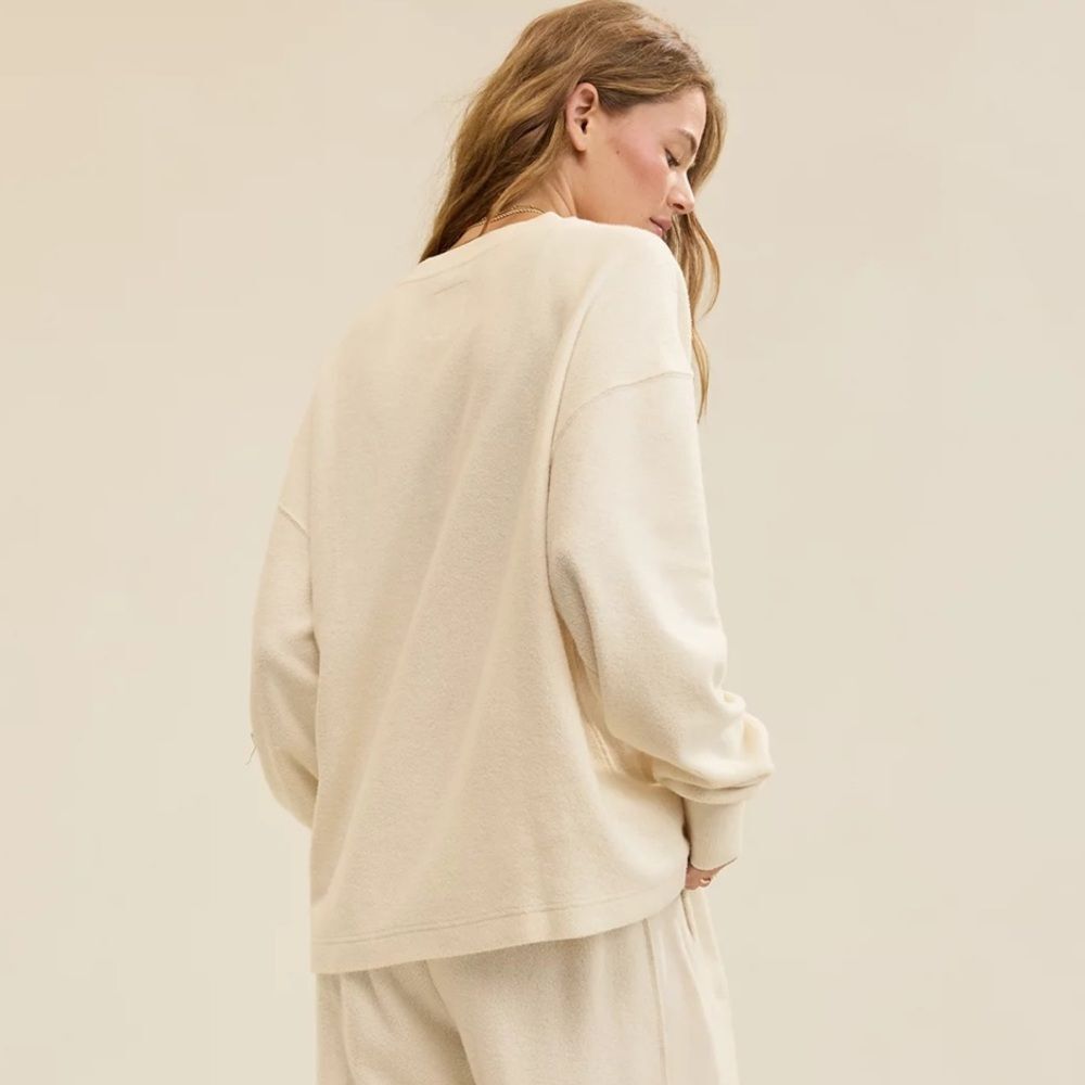 aerie Neutral Ivory Quarter Button Cotton Sherpa Henley Sweatshirt - Picture 3 of 17